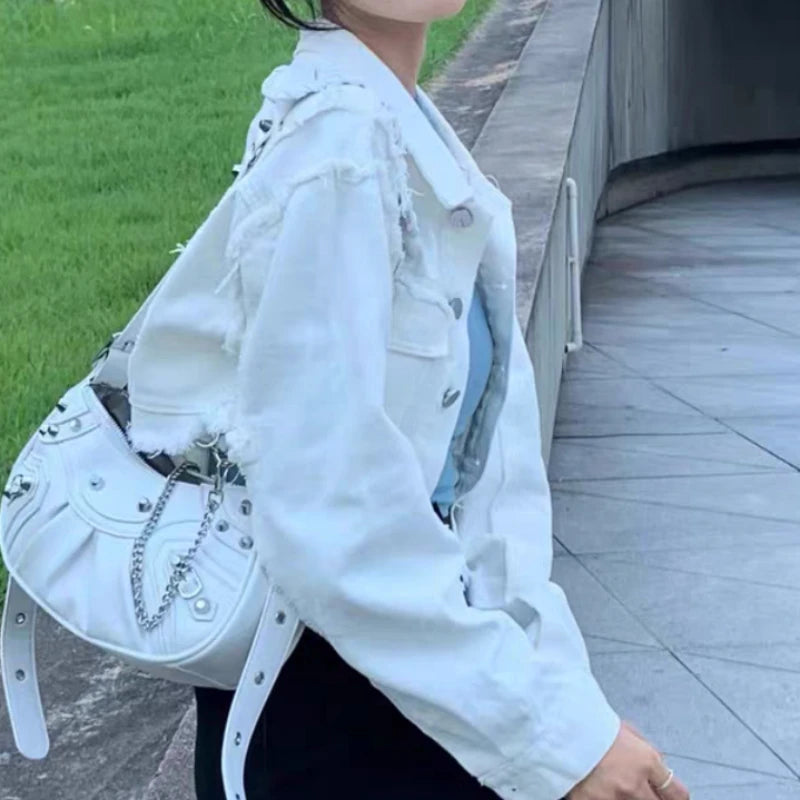 Denim Ripped Aesthetic  Cropped Jackets