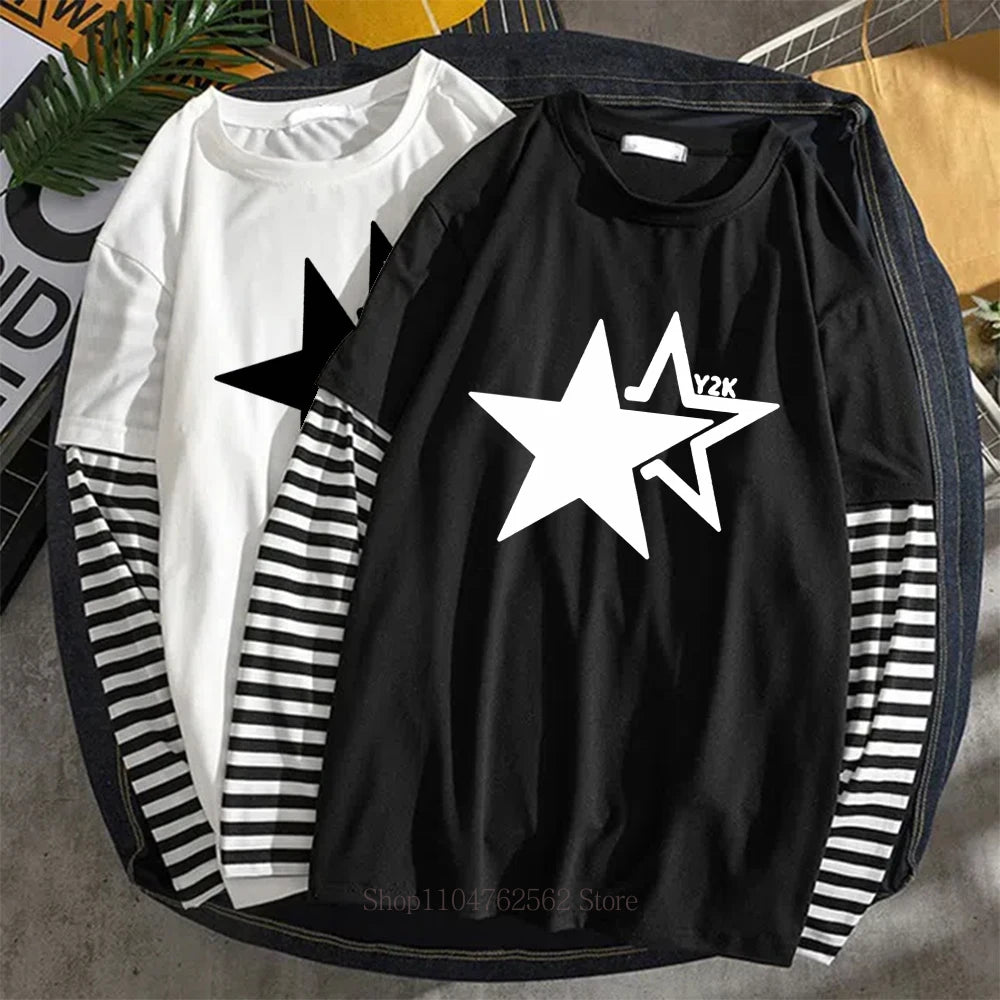 Y2K Star  Print Graphic Fake Two Long Sleeved T-shirt