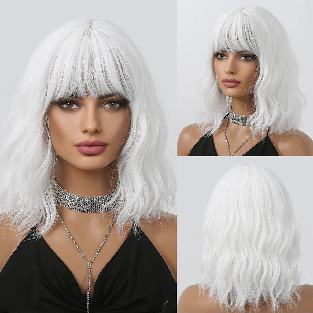 Short Curly Wavy White Synthetic Wig