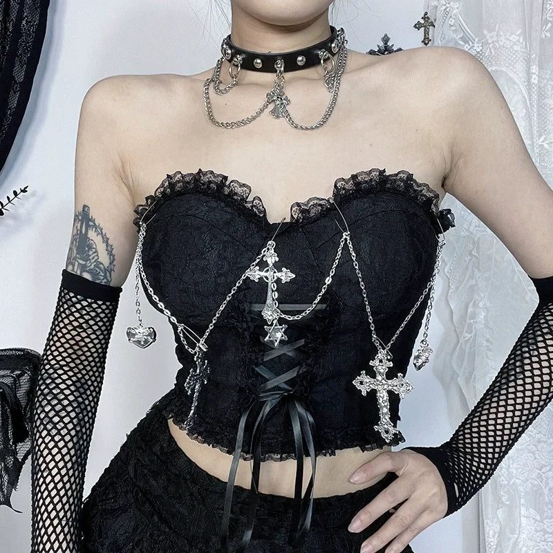 Y2K Skeleton Printed Black Corset/ Crop Top