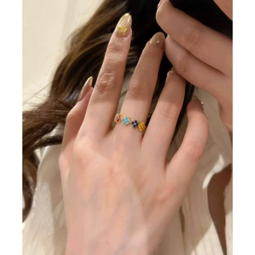 925 Sterling Silver Colorful Four-Leaf Petal Ring