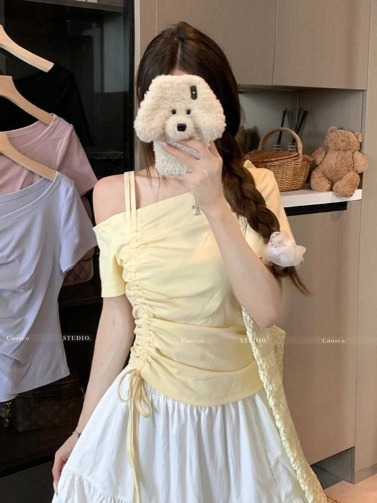 Sweet One shoulder Drawstring Short sleeve T shirt