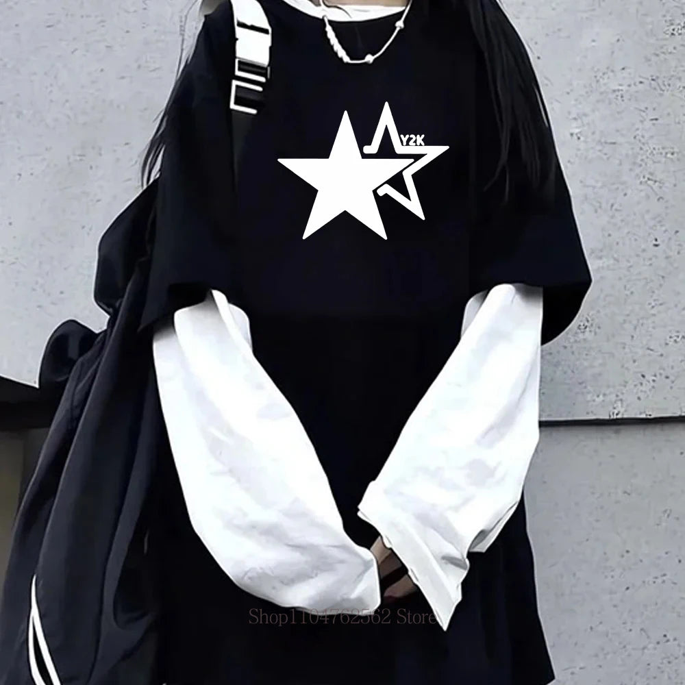 Y2K Star  Print Graphic Fake Two Long Sleeved T-shirt