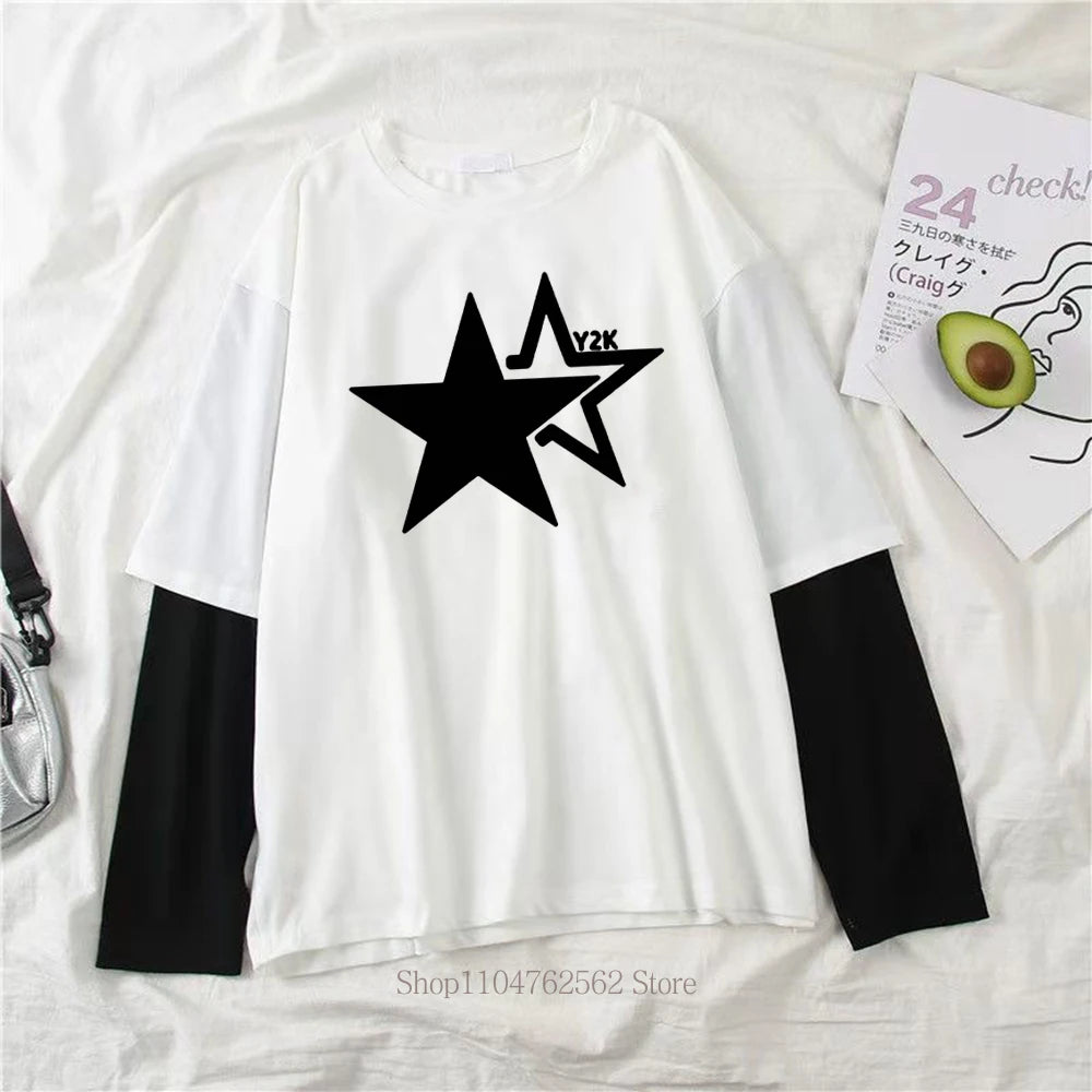 Y2K Star  Print Graphic Fake Two Long Sleeved T-shirt