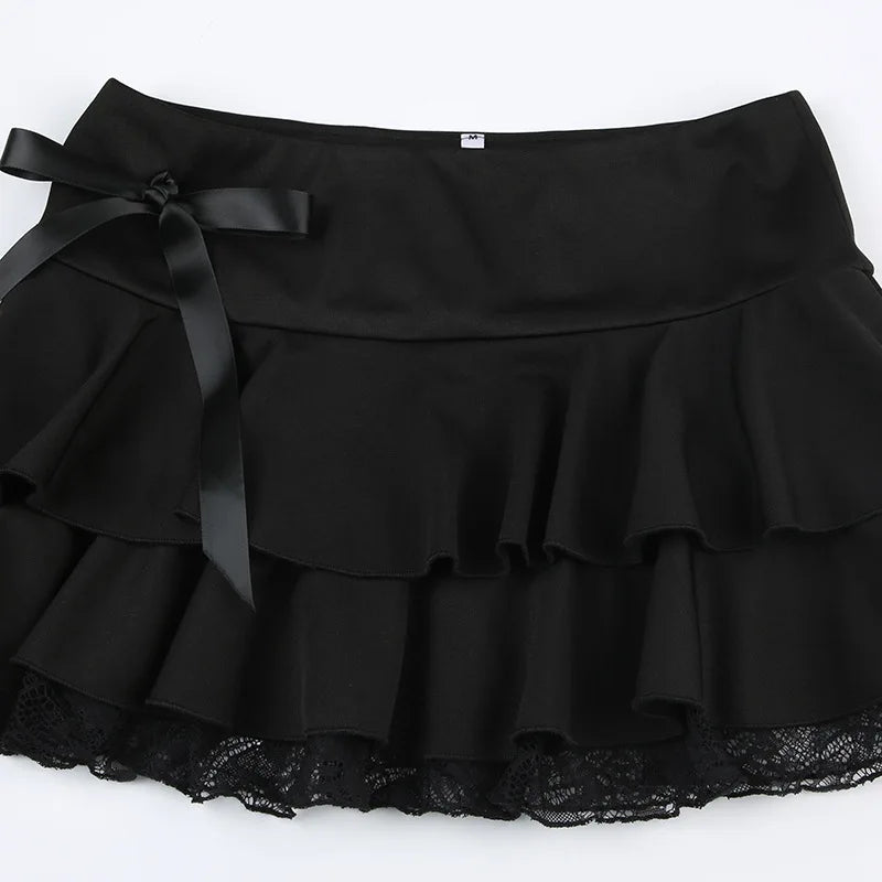 Black Lace Trim Bow A Line Mini Skirt