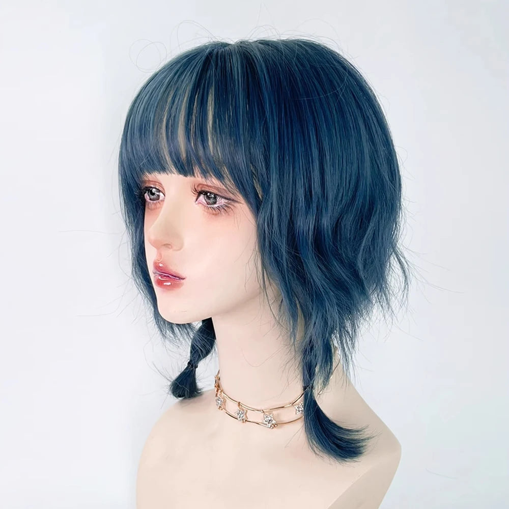Blue Synthetic Mullet Head Wig
