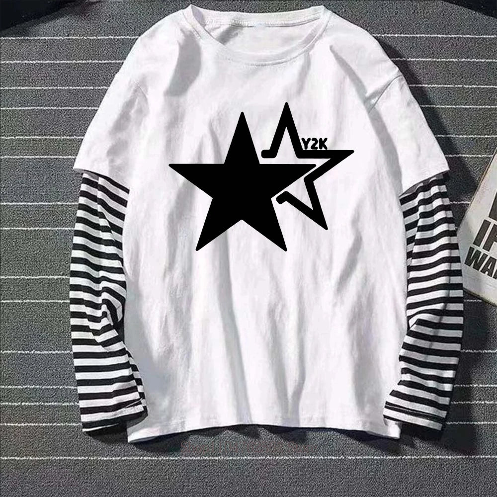 Y2K Star  Print Graphic Fake Two Long Sleeved T-shirt