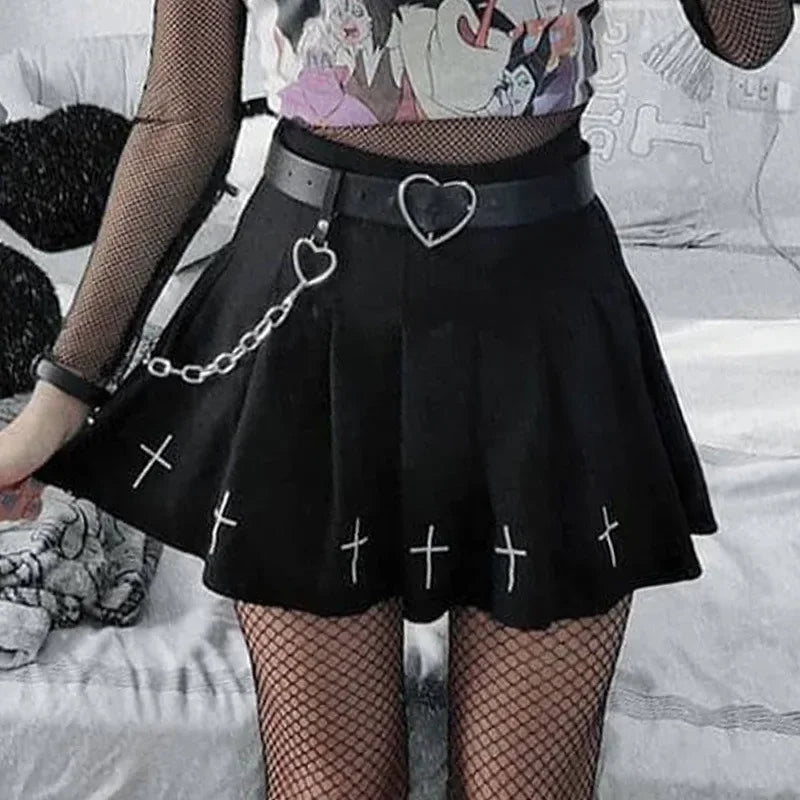 Black/white High Waist Mini Skirts Cross Print
