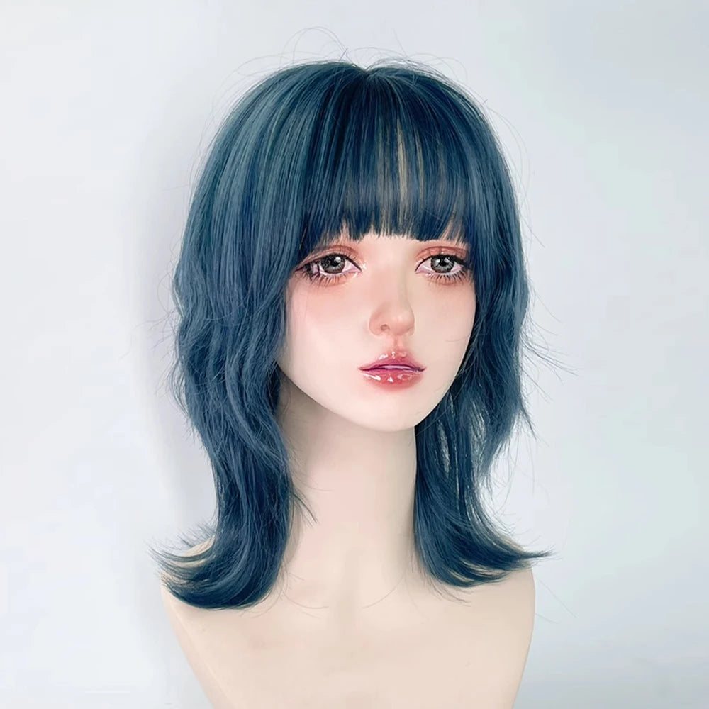 Blue Synthetic Mullet Head Wig
