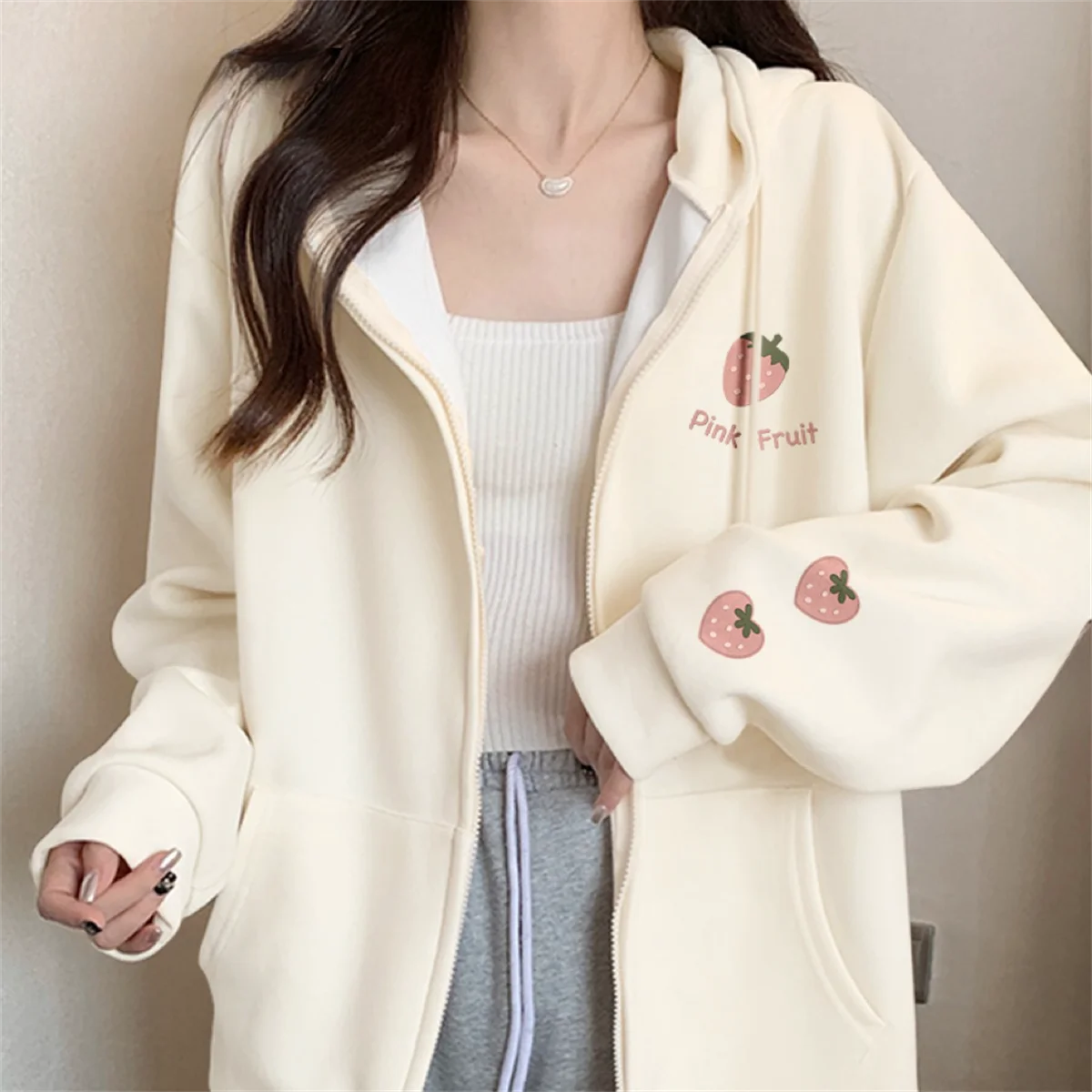 Strawberry Print Zipper Hooded Jacket