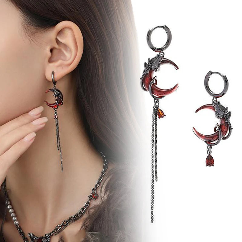 Red Moon Gem Asymmetric Earrings