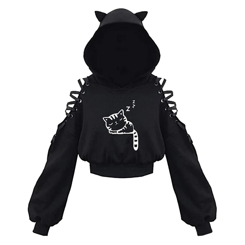 Y2k Gothic  Cat Ear Crop Top Hooded Sweatshirt