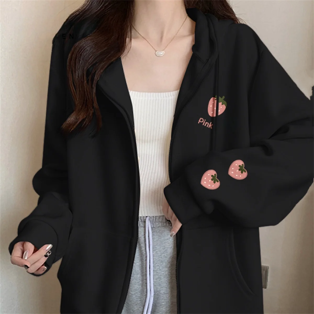 Strawberry Print Zipper Hooded Jacket