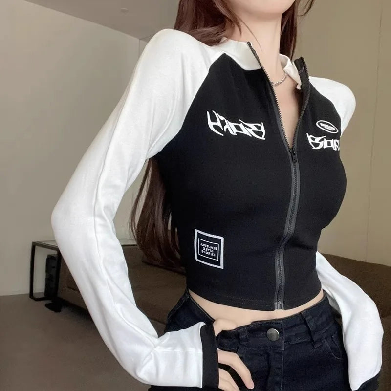 American Style Zippered Long-Sleeved T-shirt