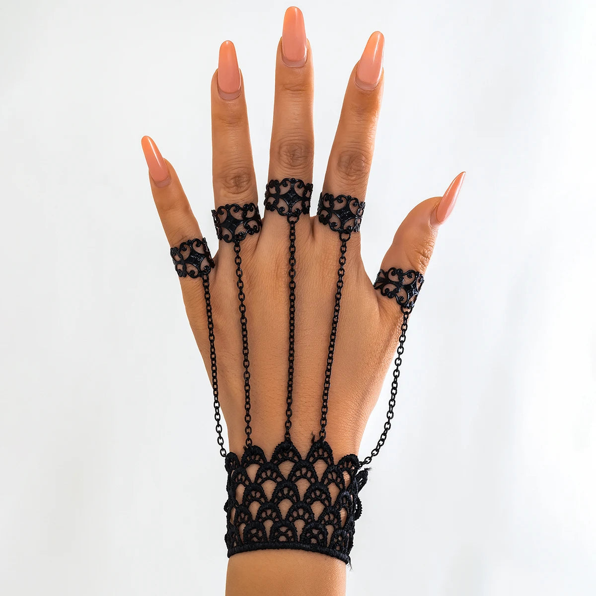 IngeSight.Z Gothic Black Open Ring Lace Long Link Chain Bracelet