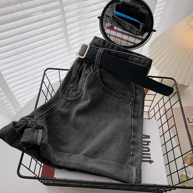 Korean High Waist Denim Shorts With Belt