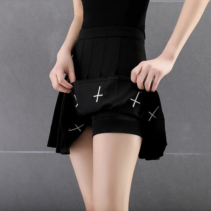 Black/white High Waist Mini Skirts Cross Print