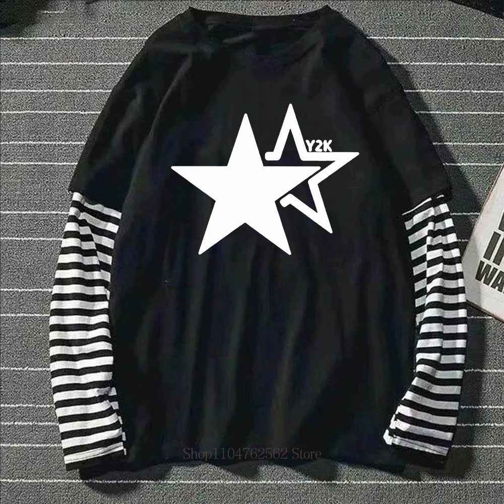 Y2K Star  Print Graphic Fake Two Long Sleeved T-shirt