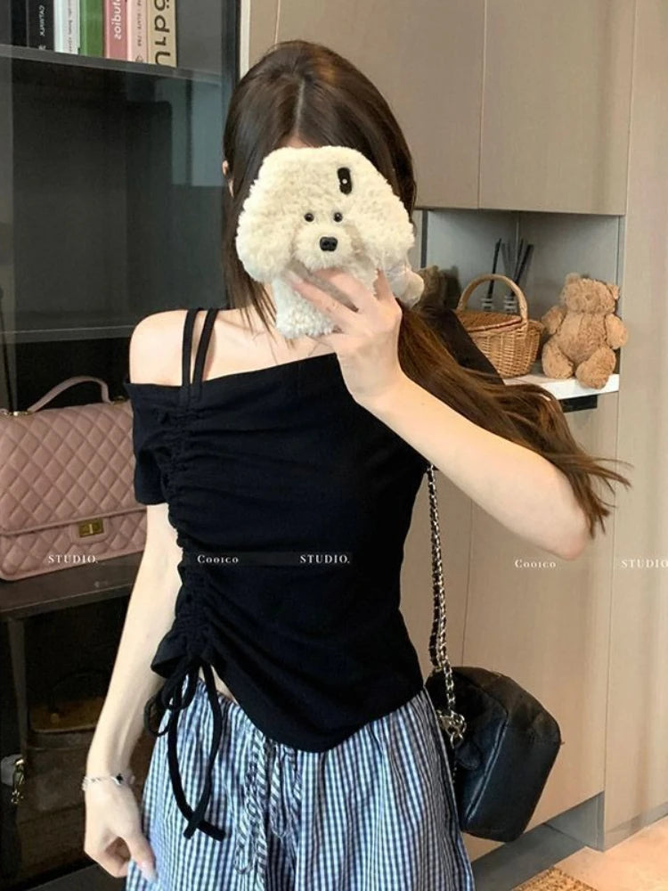 Sweet One shoulder Drawstring Short sleeve T shirt