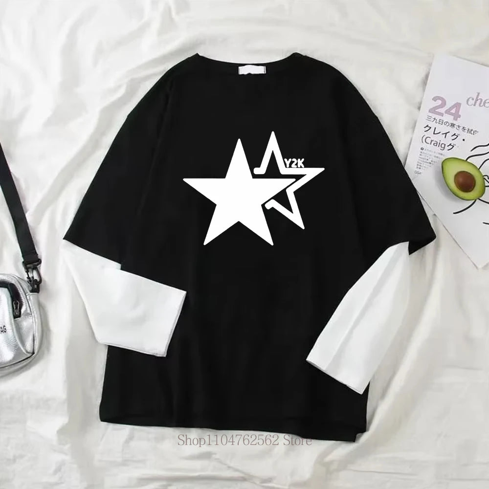 Y2K Star  Print Graphic Fake Two Long Sleeved T-shirt