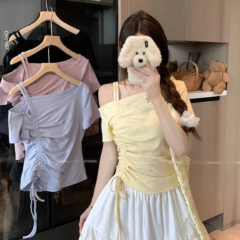 Sweet One shoulder Drawstring Short sleeve T shirt