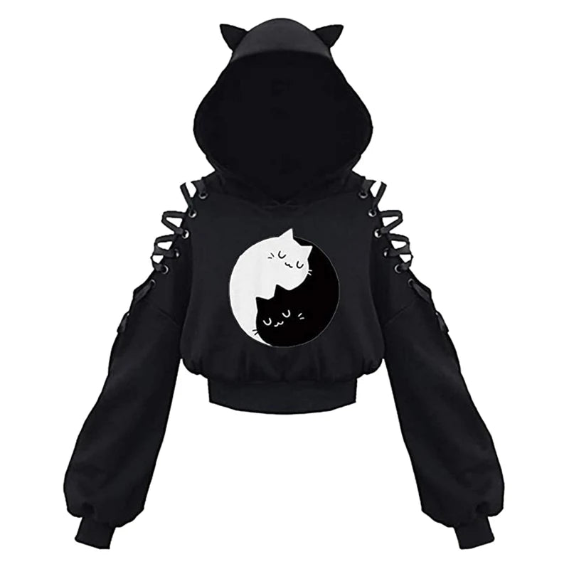 Y2k Gothic  Cat Ear Crop Top Hooded Sweatshirt