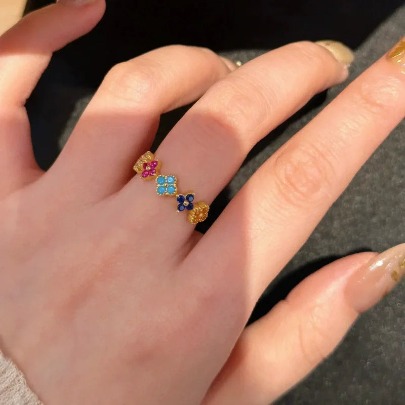 925 Sterling Silver Colorful Four-Leaf Petal Ring
