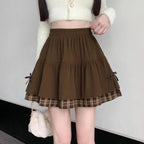 Brown Plaid Layered Mini Skirt with Bow Details