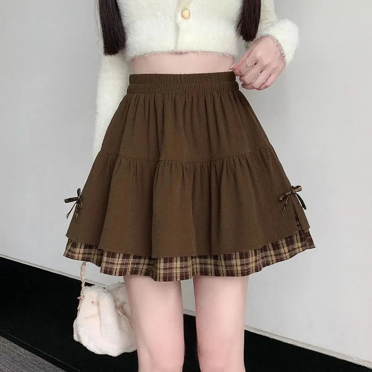 Brown Plaid Layered Mini Skirt with Bow Details