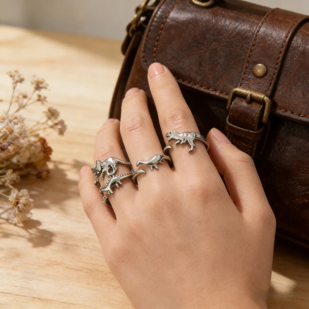 925 silver plated  cute dinosaur ring set