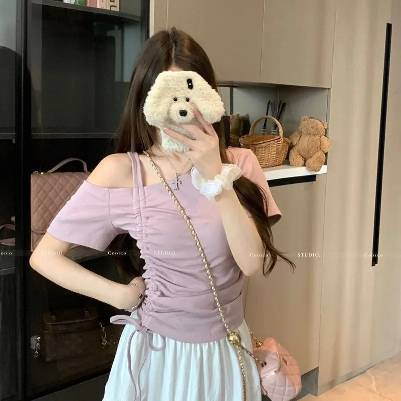 Sweet One shoulder Drawstring Short sleeve T shirt